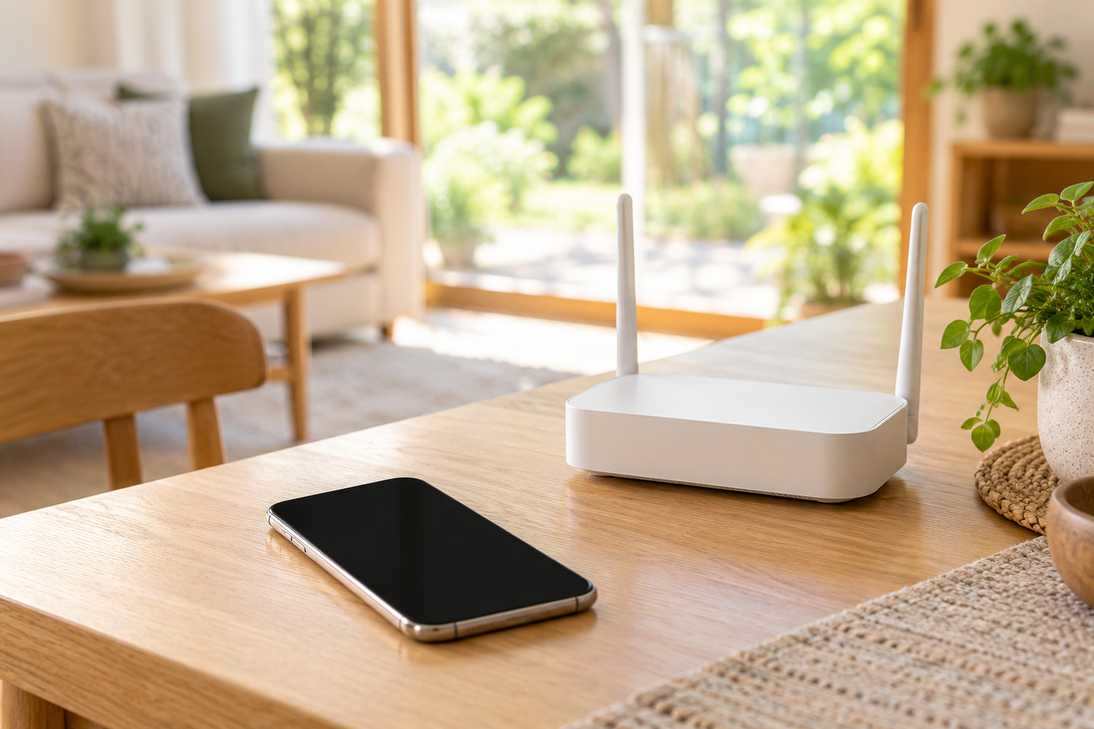 スマートフォンと家庭用ルーターのある暮らし。通信事業のイメージ